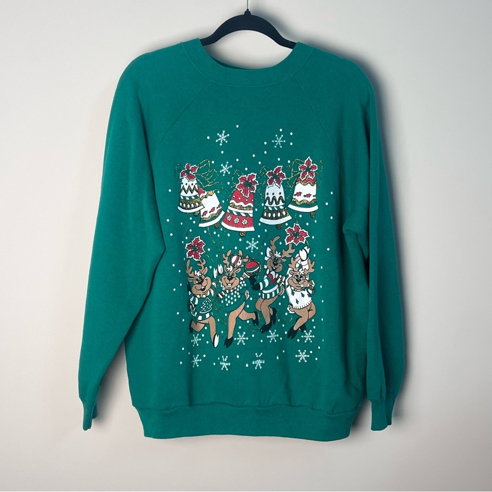 Hanes Green Festive Holiday Sweatshirt Reindeer bells cotton acrylic woman’s XL
